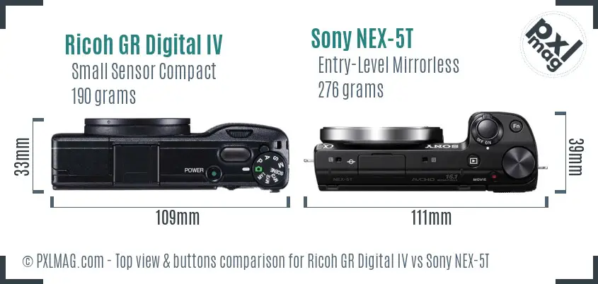 Ricoh GR Digital IV vs Sony NEX-5T top view buttons comparison