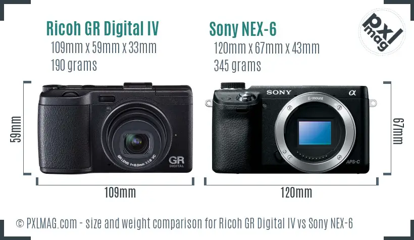 Ricoh GR Digital IV vs Sony NEX-6 size comparison