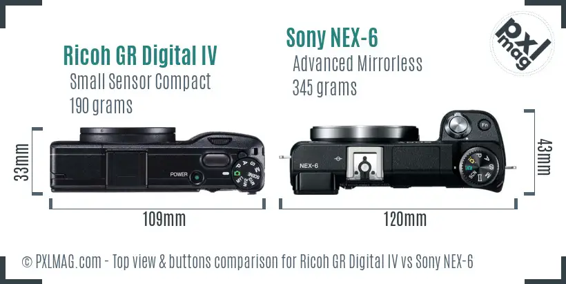 Ricoh GR Digital IV vs Sony NEX-6 top view buttons comparison