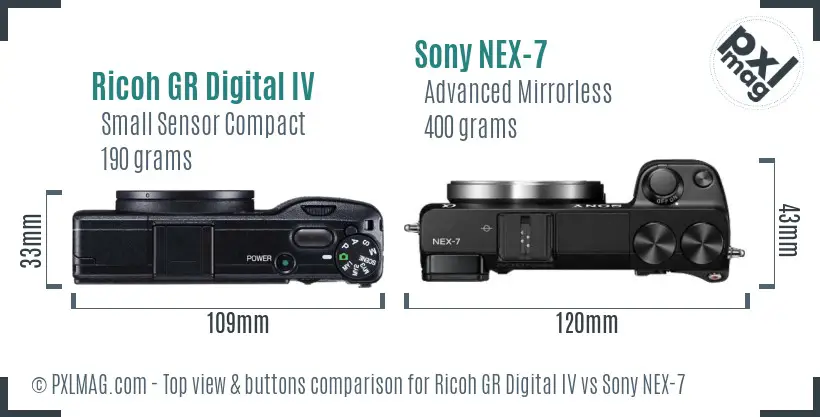 Ricoh GR Digital IV vs Sony NEX-7 top view buttons comparison