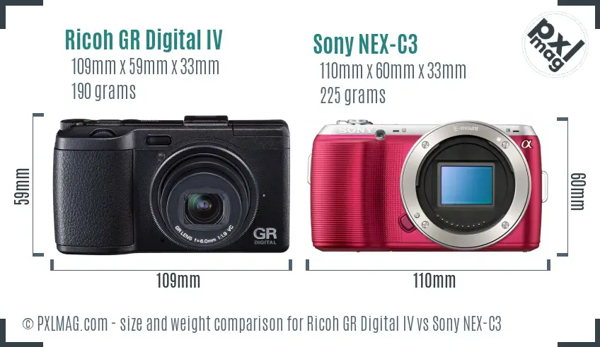 Ricoh GR Digital IV vs Sony NEX-C3 size comparison