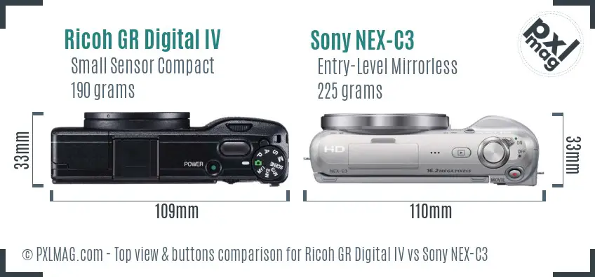 Ricoh GR Digital IV vs Sony NEX-C3 top view buttons comparison