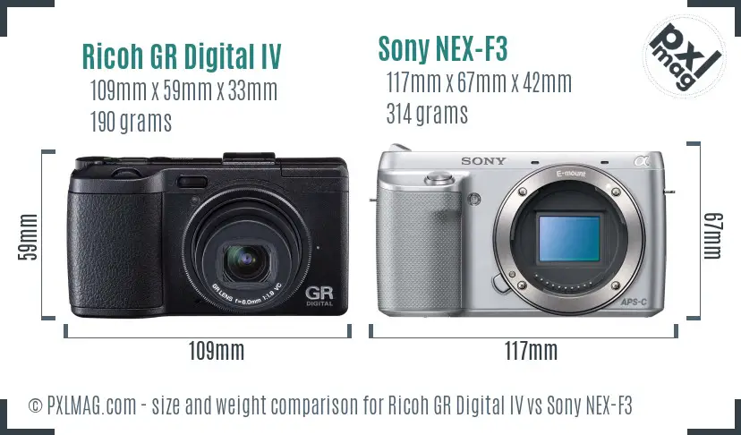 Ricoh GR Digital IV vs Sony NEX-F3 size comparison