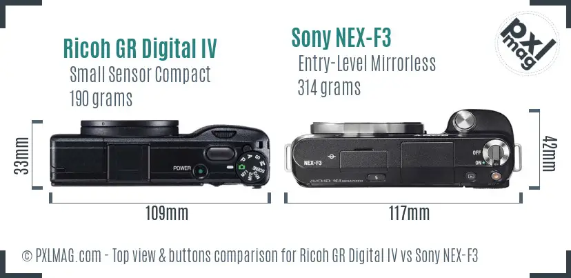 Ricoh GR Digital IV vs Sony NEX-F3 top view buttons comparison