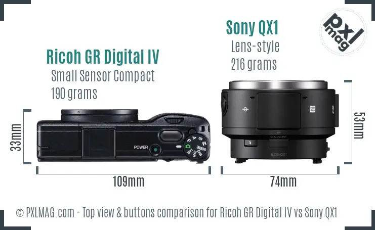 Ricoh GR Digital IV vs Sony QX1 top view buttons comparison Ricoh GR Digital IV vs Sony QX1 top view buttons comparison