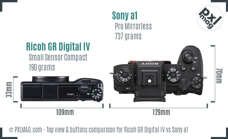 Ricoh GR Digital IV vs Sony a1 top view buttons comparison
