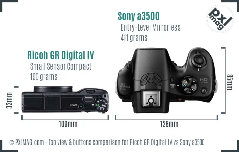 Ricoh GR Digital IV vs Sony a3500 top view buttons comparison