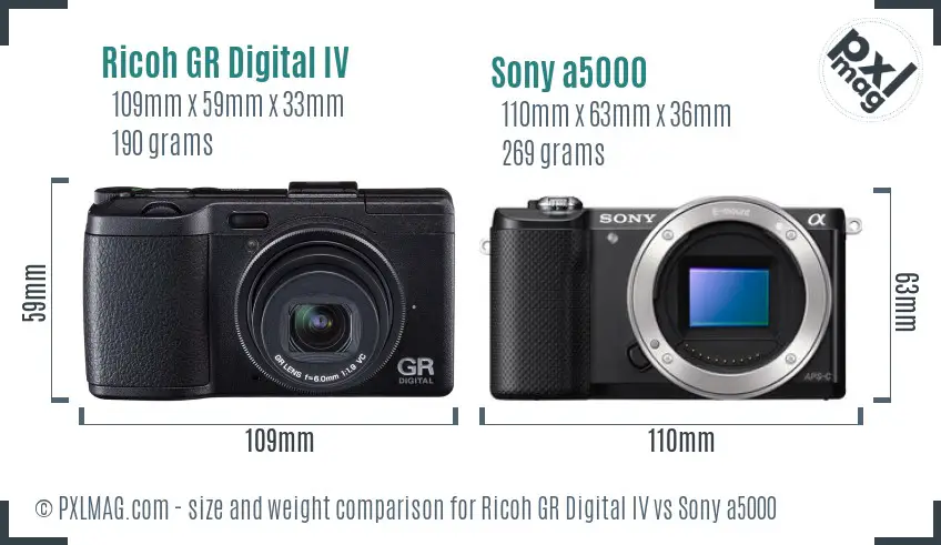 Ricoh GR Digital IV vs Sony a5000 size comparison