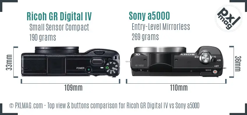 Ricoh GR Digital IV vs Sony a5000 top view buttons comparison