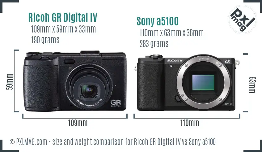 Ricoh GR Digital IV vs Sony a5100 size comparison