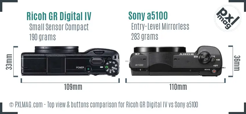 Ricoh GR Digital IV vs Sony a5100 top view buttons comparison