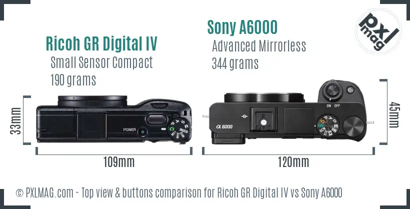 Ricoh GR Digital IV vs Sony A6000 top view buttons comparison