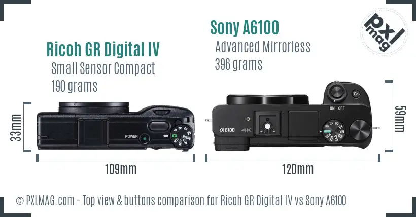 Ricoh GR Digital IV vs Sony A6100 top view buttons comparison