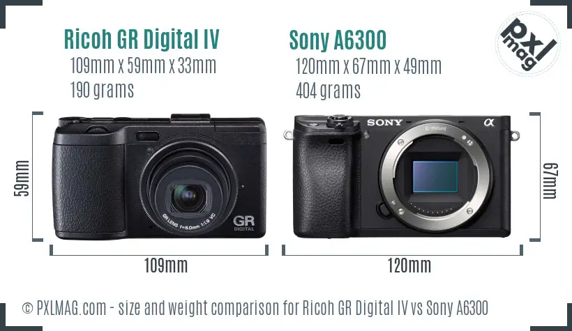 Ricoh GR Digital IV vs Sony A6300 size comparison