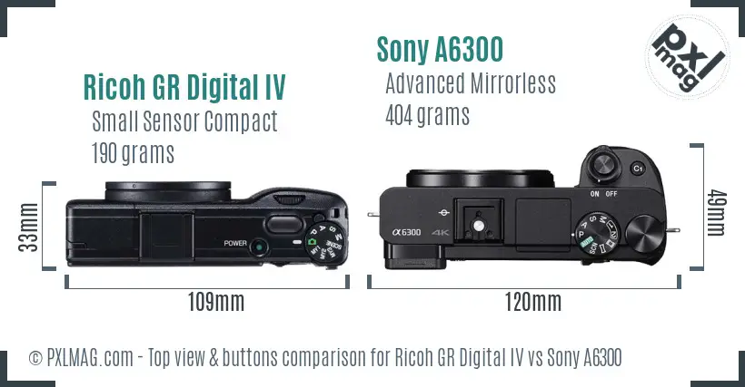 Ricoh GR Digital IV vs Sony A6300 top view buttons comparison