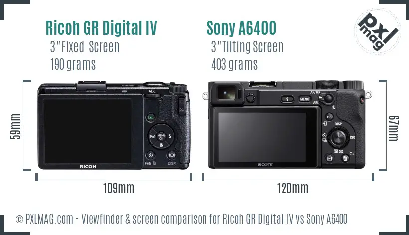 Ricoh GR Digital IV vs Sony A6400 Screen and Viewfinder comparison