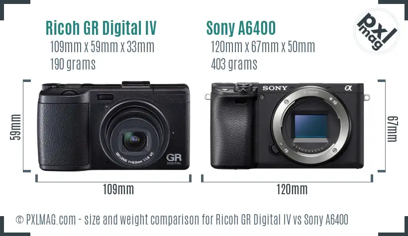 Ricoh GR Digital IV vs Sony A6400 size comparison