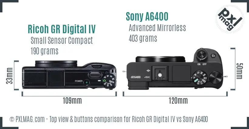 Ricoh GR Digital IV vs Sony A6400 top view buttons comparison