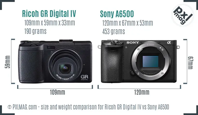 Ricoh GR Digital IV vs Sony A6500 size comparison