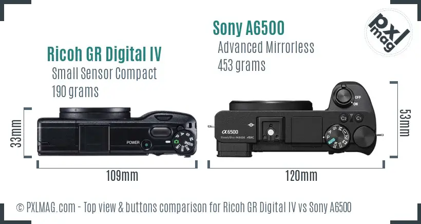 Ricoh GR Digital IV vs Sony A6500 top view buttons comparison