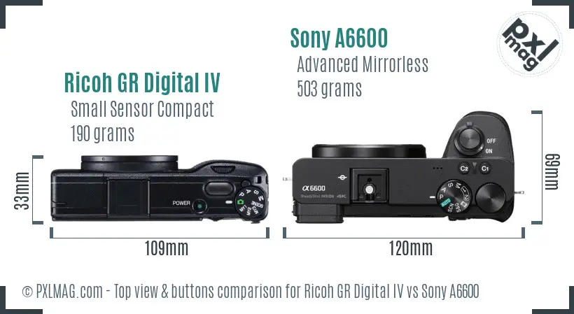 Ricoh GR Digital IV vs Sony A6600 top view buttons comparison