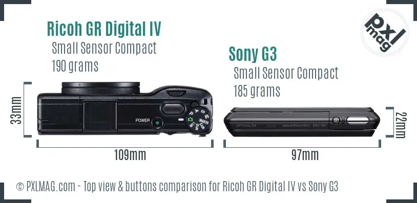 Ricoh GR Digital IV vs Sony G3 top view buttons comparison