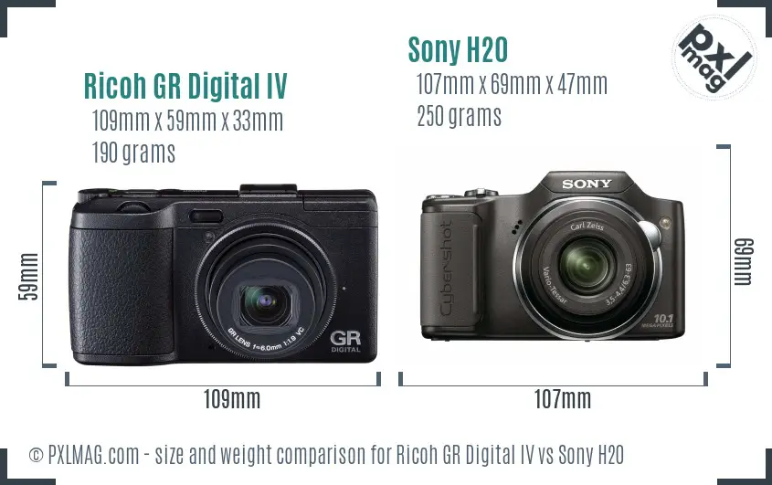 Ricoh GR Digital IV vs Sony H20 size comparison