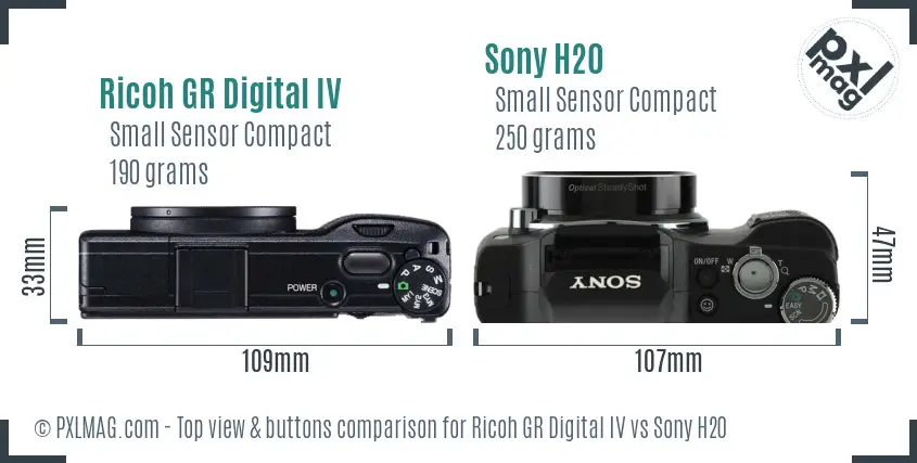 Ricoh GR Digital IV vs Sony H20 top view buttons comparison
