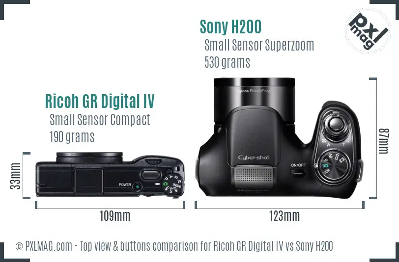 Ricoh GR Digital IV vs Sony H200 top view buttons comparison Ricoh GR Digital IV vs Sony H200 top view buttons comparison