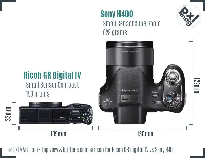 Ricoh GR Digital IV vs Sony H400 top view buttons comparison