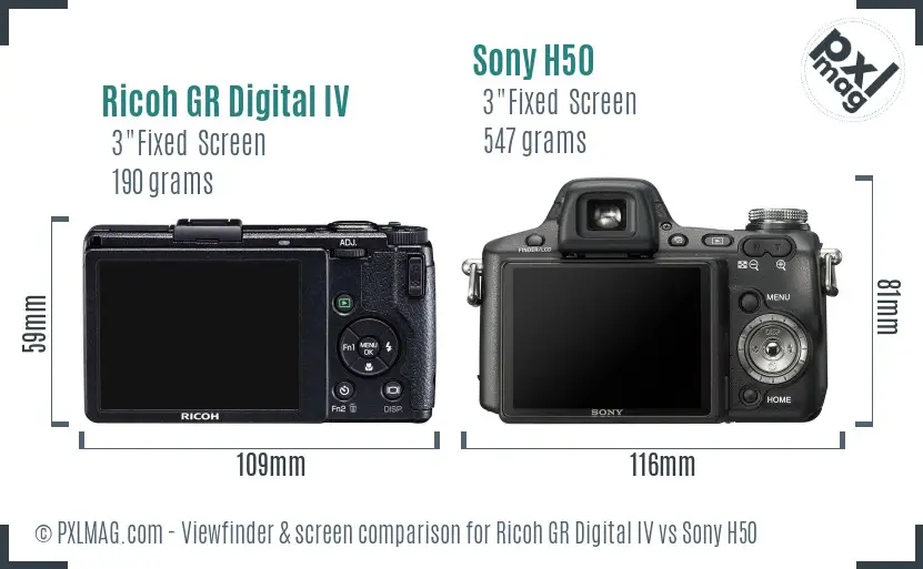 Ricoh GR Digital IV vs Sony H50 Screen and Viewfinder comparison
