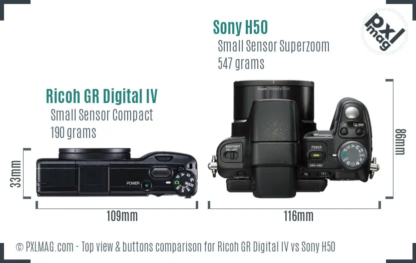 Ricoh GR Digital IV vs Sony H50 top view buttons comparison