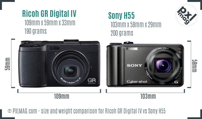 Ricoh GR Digital IV vs Sony H55 size comparison