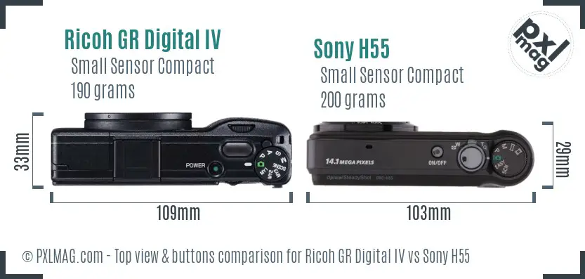 Ricoh GR Digital IV vs Sony H55 top view buttons comparison