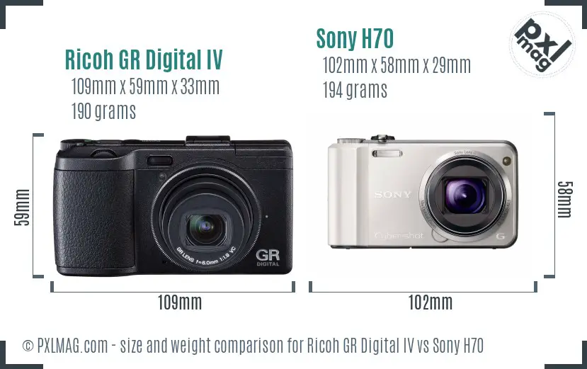 Ricoh GR Digital IV vs Sony H70 size comparison