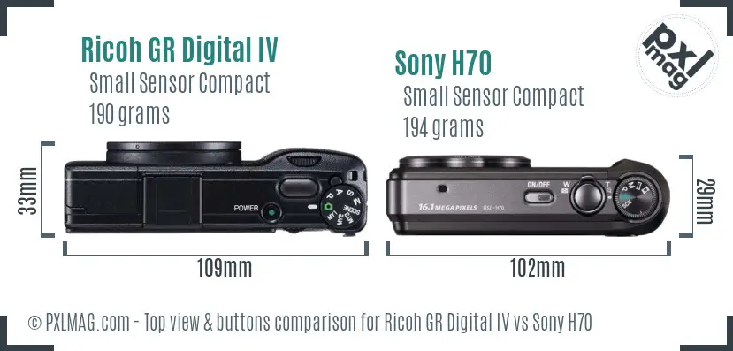 Ricoh GR Digital IV vs Sony H70 top view buttons comparison