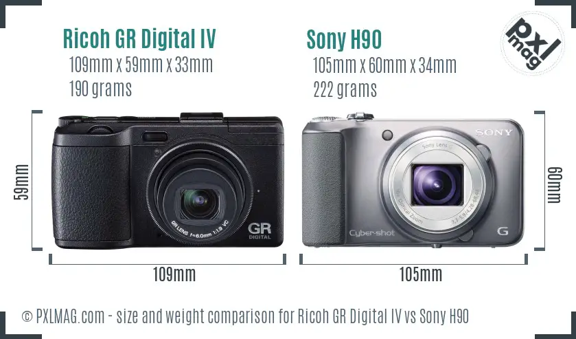 Ricoh GR Digital IV vs Sony H90 size comparison