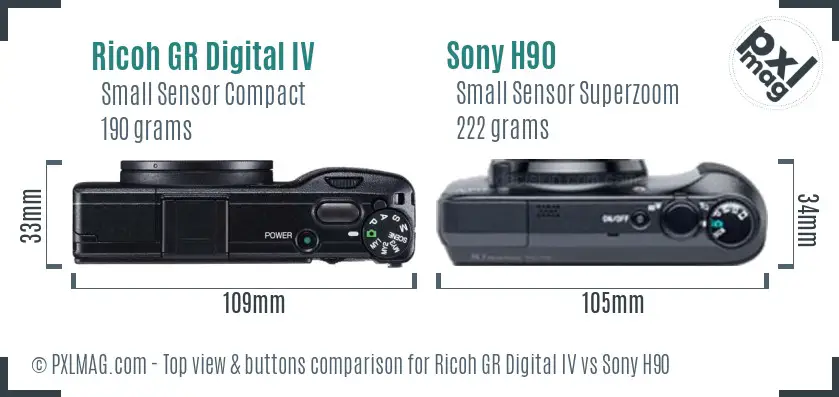 Ricoh GR Digital IV vs Sony H90 top view buttons comparison