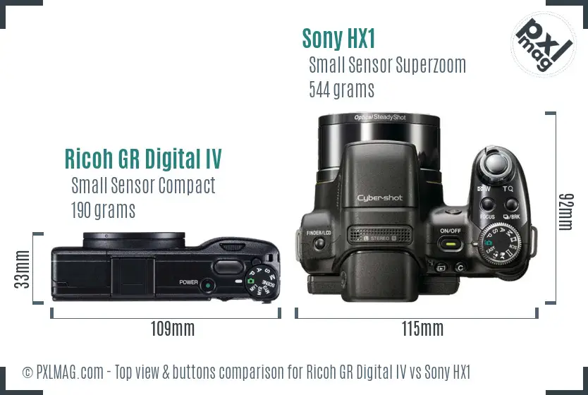 Ricoh GR Digital IV vs Sony HX1 top view buttons comparison Ricoh GR Digital IV vs Sony HX1 top view buttons comparison