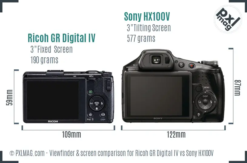 Ricoh GR Digital IV vs Sony HX100V Screen and Viewfinder comparison