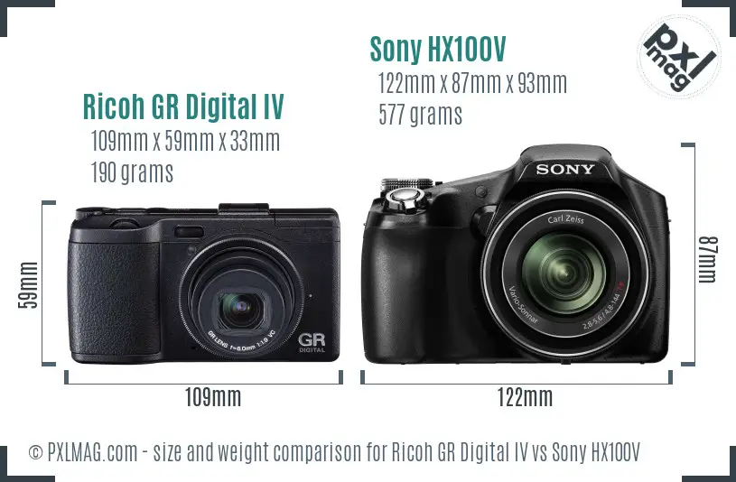 Ricoh GR Digital IV vs Sony HX100V size comparison