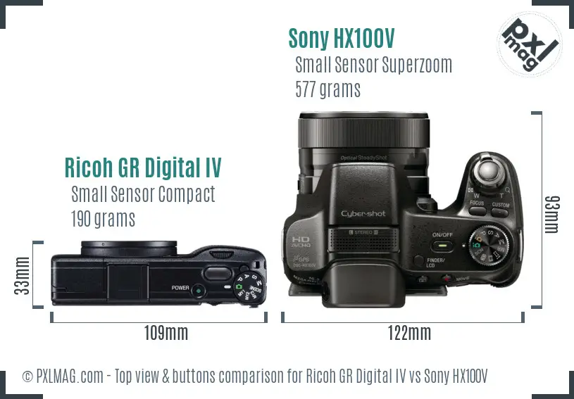 Ricoh GR Digital IV vs Sony HX100V top view buttons comparison