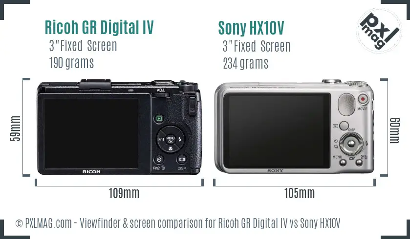 Ricoh GR Digital IV vs Sony HX10V Screen and Viewfinder comparison