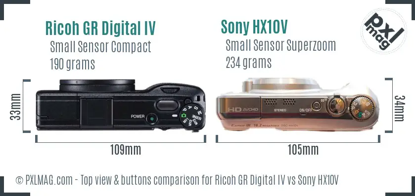 Ricoh GR Digital IV vs Sony HX10V top view buttons comparison