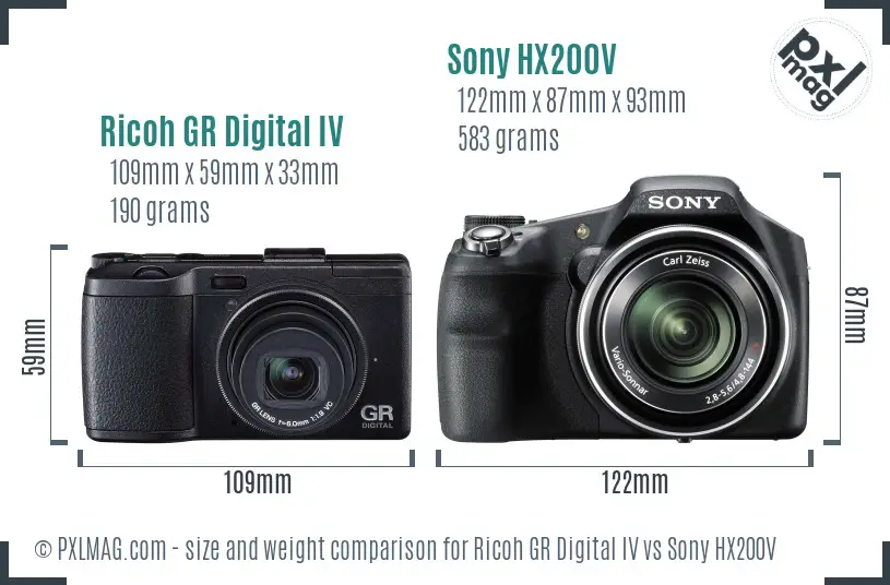 Ricoh GR Digital IV vs Sony HX200V size comparison