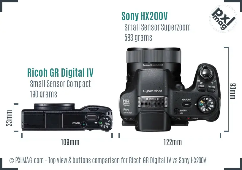 Ricoh GR Digital IV vs Sony HX200V top view buttons comparison