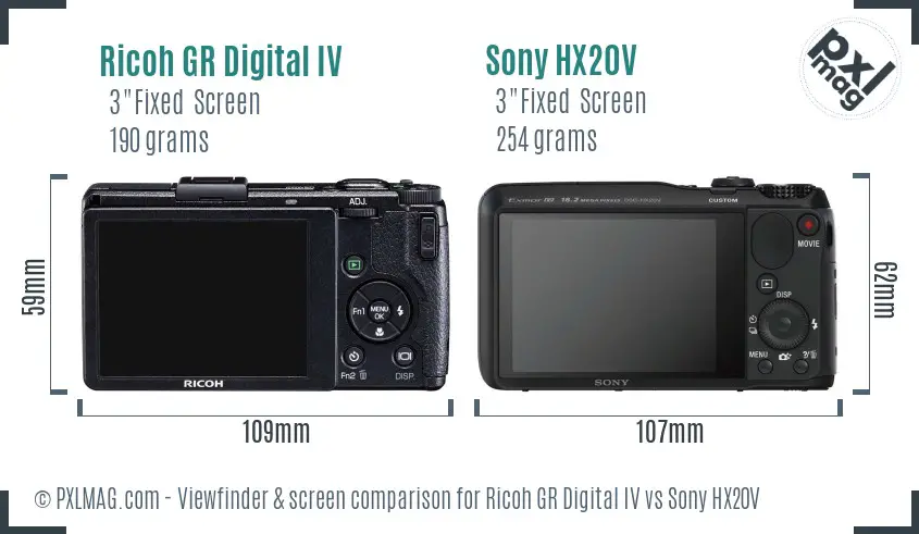 Ricoh GR Digital IV vs Sony HX20V Screen and Viewfinder comparison