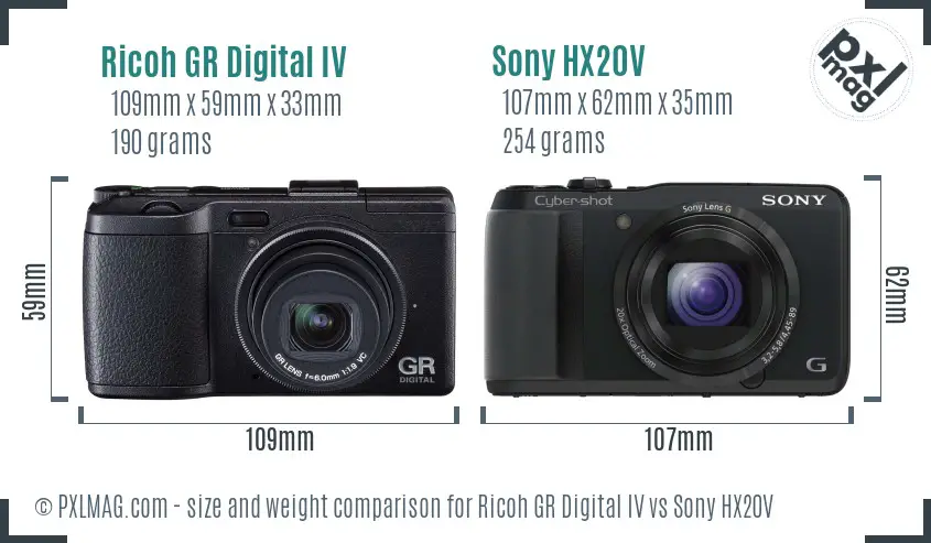 Ricoh GR Digital IV vs Sony HX20V size comparison