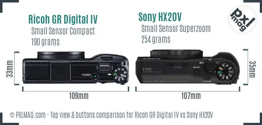 Ricoh GR Digital IV vs Sony HX20V top view buttons comparison