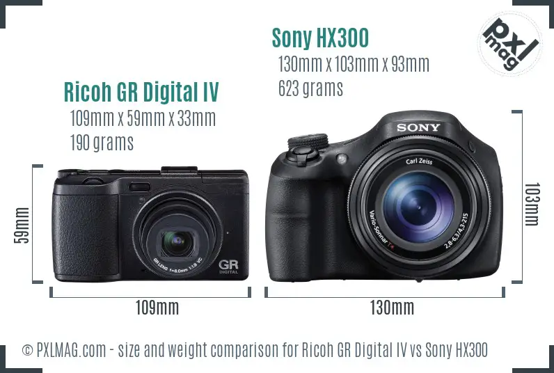 Ricoh GR Digital IV vs Sony HX300 size comparison